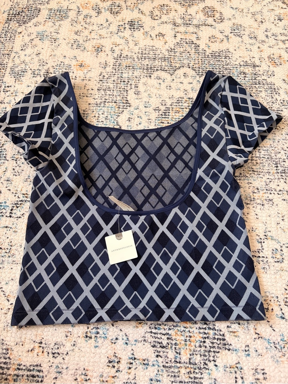 Anthropologie Navy and Light Gray Geometric Scoop Crop Top - Picture 4 of 7